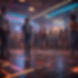 A vibrant dance floor with colorful lights and lively crowd